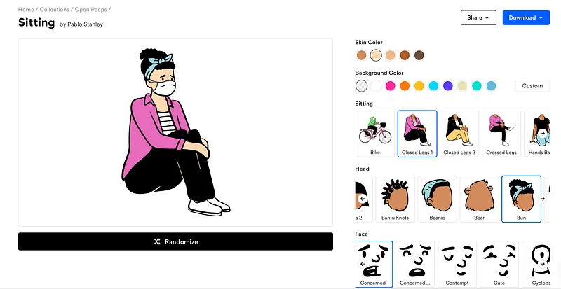 點選「Use with Blush」可替換配件、動作等，下載格式為PNG。